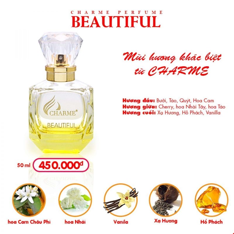 Nước hoa Charme Beautiful với mùi hương dịu dàng lan tỏa, bật lên vẻ sang trọng, gợi cảm và quyến rũ.