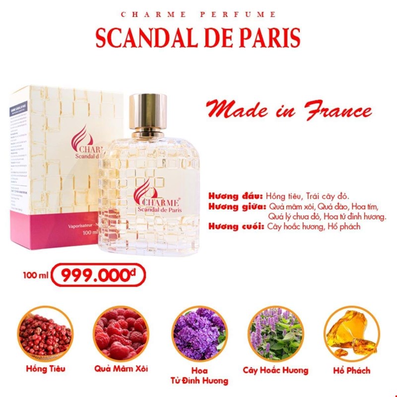 Charme Scandal de Paris tạo nên một loại nước hoa nhiều gia vị, sexy, vui tươi, mang màu sắc của lễ hội, từ thiết kế chai đến mùi hương.